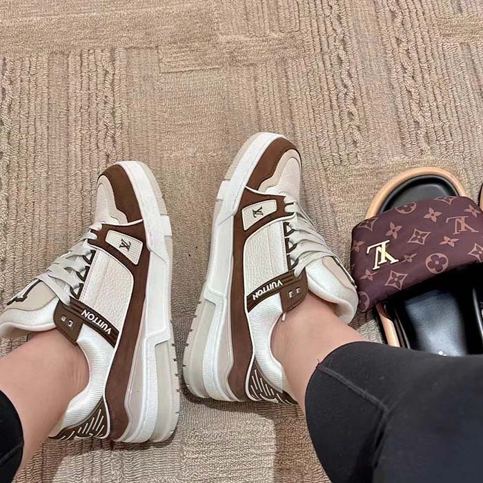 Louis Vuitton Unisex LV Trainer Sneaker Moka Brown Nubuck Grained Calf Leather Rubber Initials