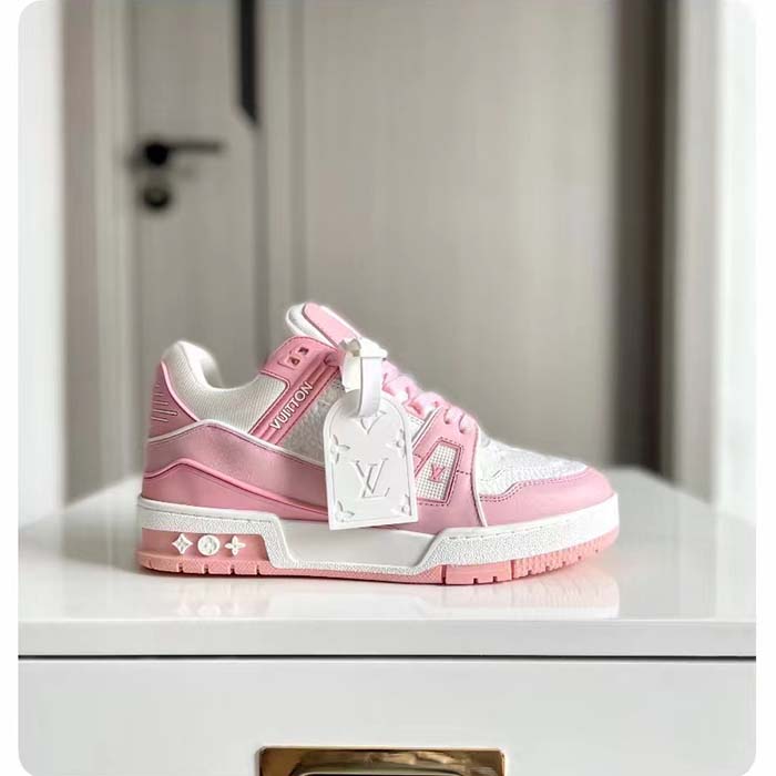 Louis Vuitton Unisex LV Trainer Sneaker Pink Mix Materials Rubber Initials Monogram Flowers
