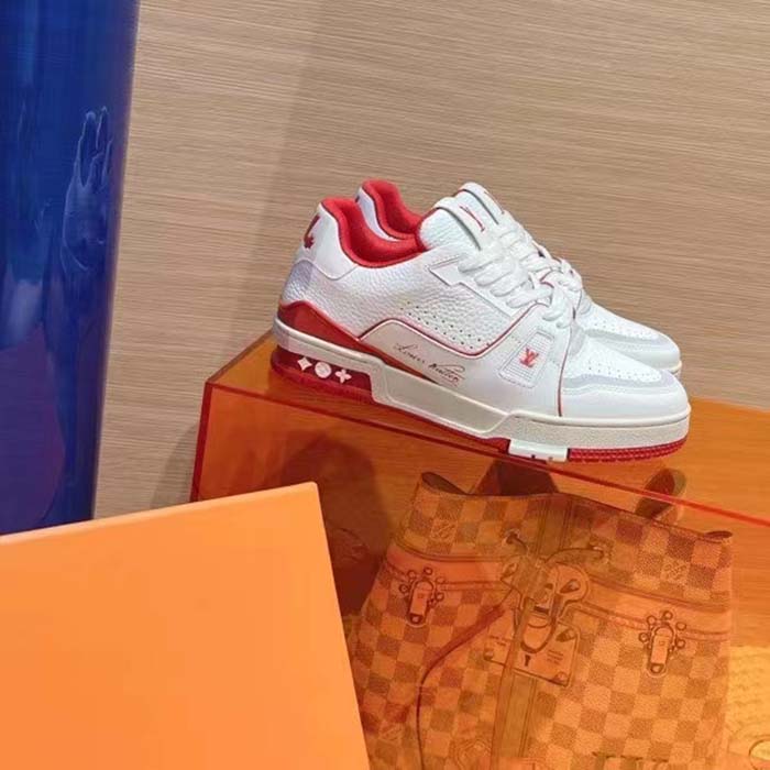 Louis Vuitton Unisex LV Trainer Sneaker Red Calf Leather Rubber Outsole Initials