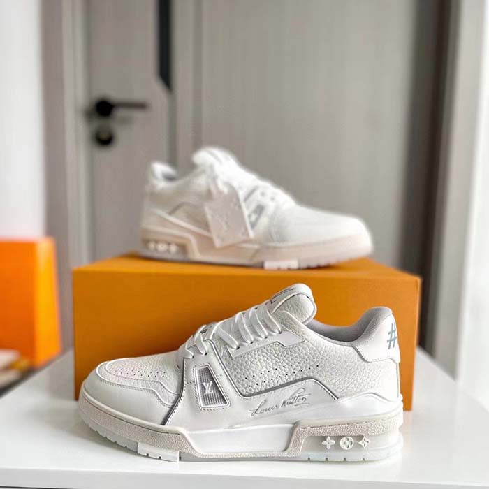 Louis Vuitton Unisex LV Trainer Sneaker White Grained Calf Leather Rubber Initials Monogram Flowers