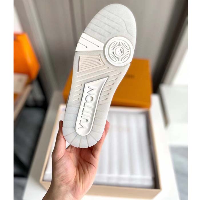 Louis Vuitton Unisex LV Trainer Sneaker White Grained Calf Leather Rubber Initials Monogram Flowers