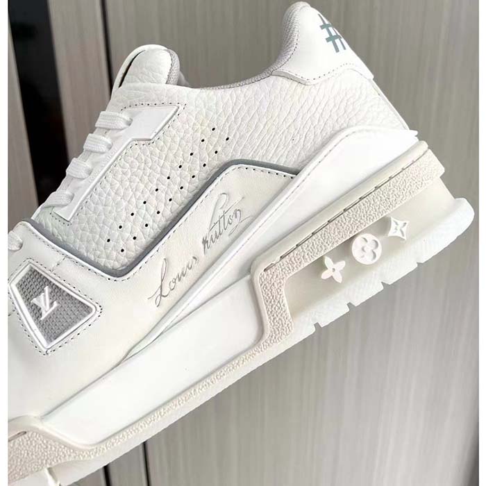 Louis Vuitton Unisex LV Trainer Sneaker White Grained Calf Leather Rubber Initials Monogram Flowers