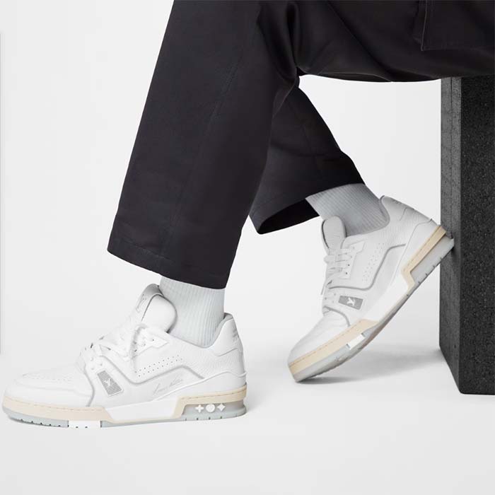 Louis Vuitton Unisex LV Trainer Sneaker White Grained Calf Leather Rubber Initials Monogram Flowers