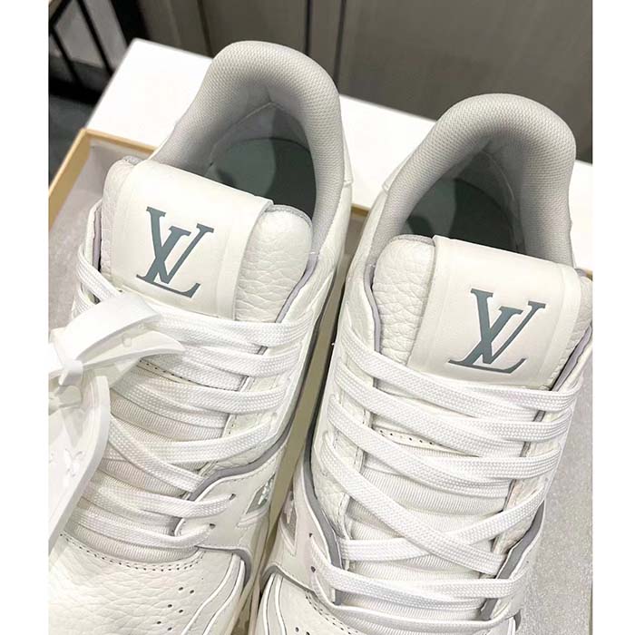 Louis Vuitton Unisex LV Trainer Sneaker White Grained Calf Leather Rubber Initials Monogram Flowers