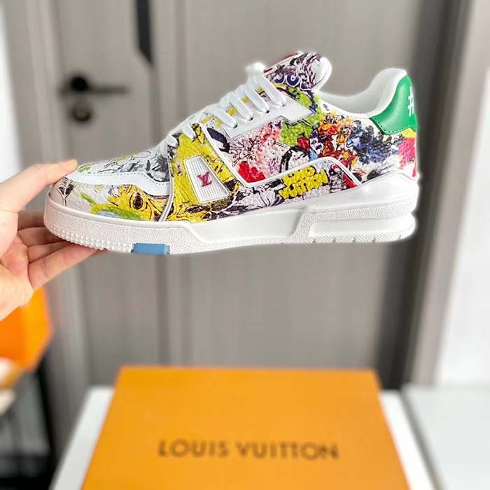 Louis Vuitton Unisex LV Trainer Sneaker White Printed Canvas Rubber Outsole Initials