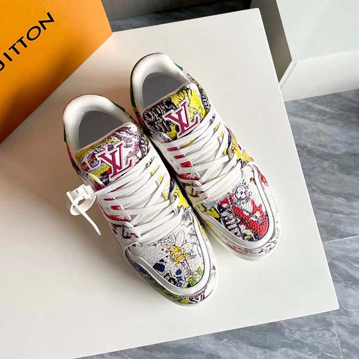 Louis Vuitton Unisex LV Trainer Sneaker White Printed Canvas Rubber Outsole Initials