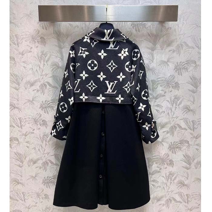 Louis Vuitton Women LV Oversized Monogram Accent Coat Wool Black White Oversize Fit