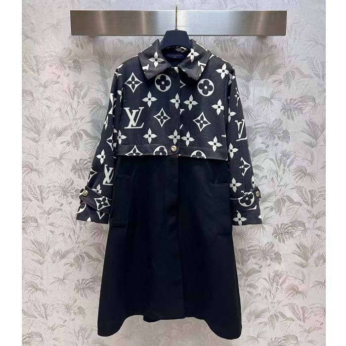 Louis Vuitton Women LV Oversized Monogram Accent Coat Wool Black White Oversize Fit