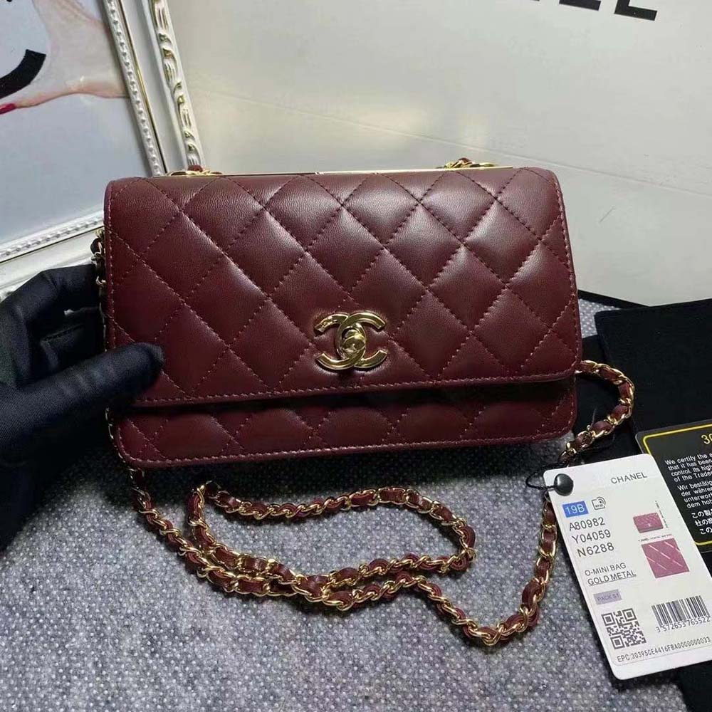 Chanel Women Mini Flap Bag Calfskin & Gold-Tone Metal-Maroon