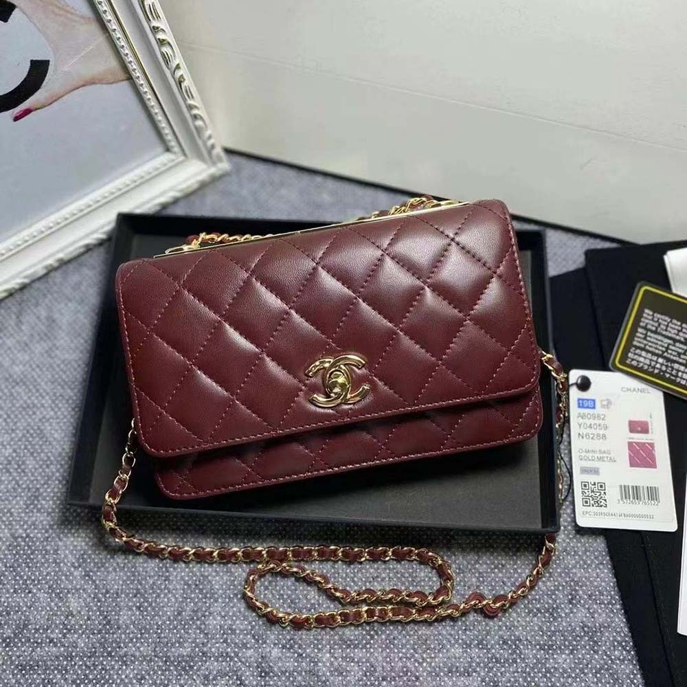 Chanel Women Mini Flap Bag Calfskin & Gold-Tone Metal-Maroon