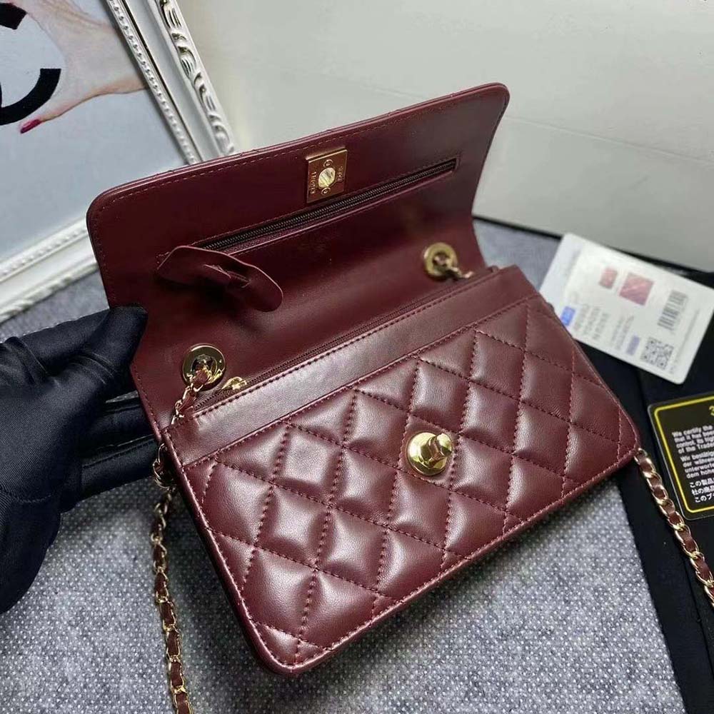 Chanel Women Mini Flap Bag Calfskin & Gold-Tone Metal-Maroon