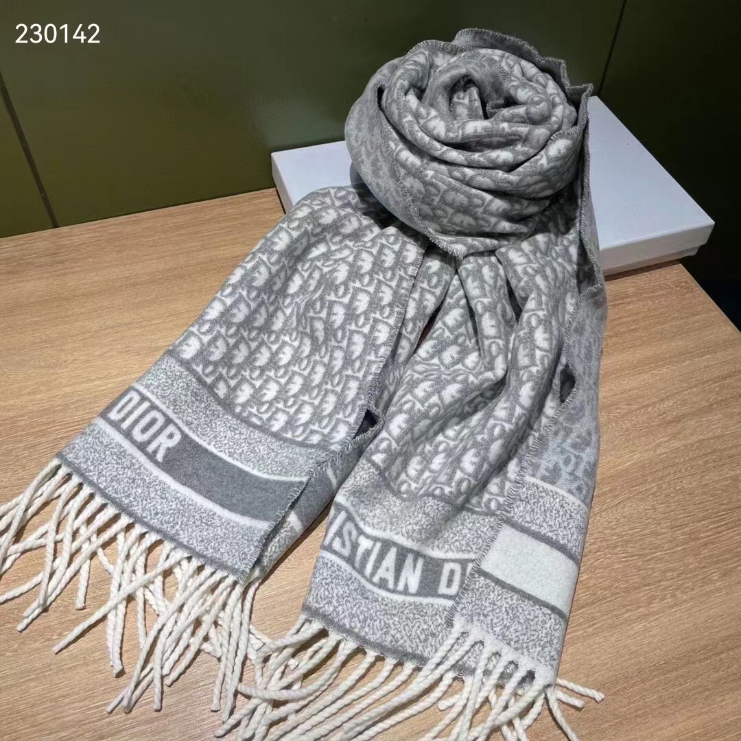 Dior Unisex CD Dior Oblique Scarf Gray Cashmere Double-Sided Fringed Ends