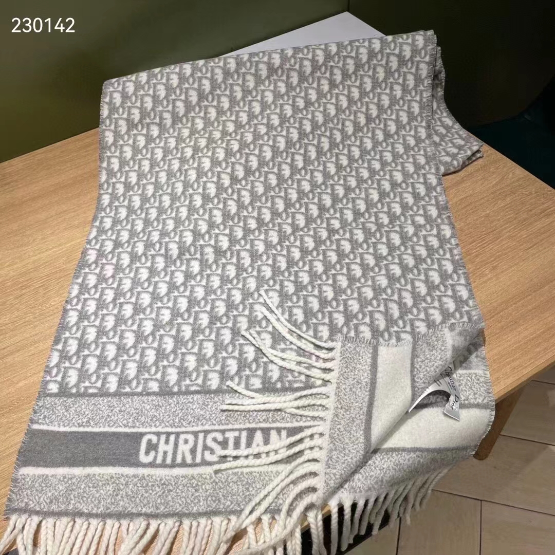 Dior Unisex CD Dior Oblique Scarf Gray Cashmere Double-Sided Fringed Ends