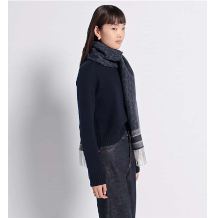 Dior Unisex CD Dior Oblique Scarf Navy Blue Cashmere Double-Sided Fringed Ends
