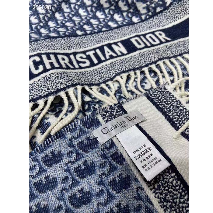 Dior Unisex CD Dior Oblique Scarf Navy Blue Cashmere Double-Sided Fringed Ends