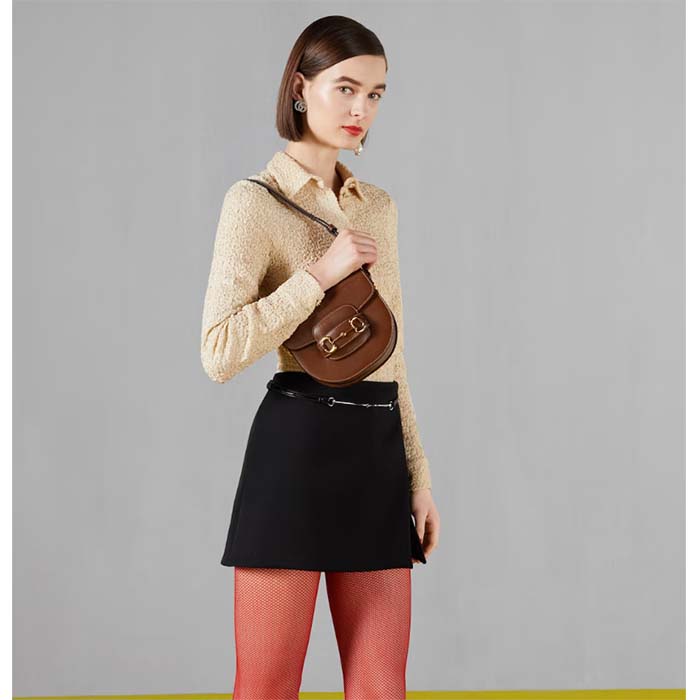 G*u*i gg women G*u*i horsebit 1955 mini rounded bag brown leather cotton linen lining
