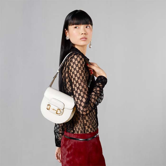 G*u*i gg women G*u*i horsebit 1955 mini rounded bag white leather cotton linen lining