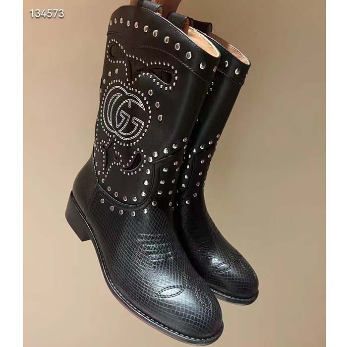 G*u*i women gg boot double g embroidery studs black leather low 3.6 cm heel