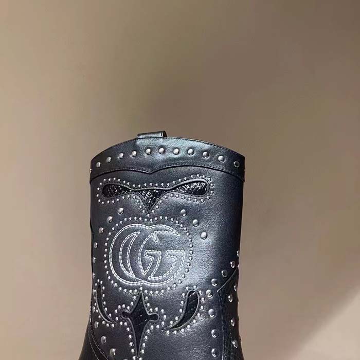 G*u*i women gg boot double g embroidery studs black leather low 3.6 cm heel