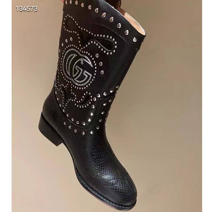 G*u*i women gg boot double g embroidery studs black leather low 3.6 cm heel
