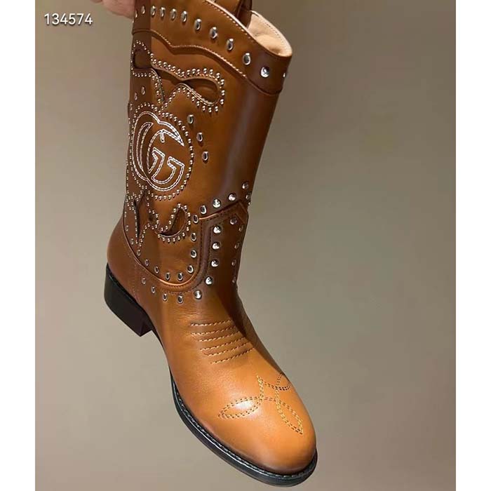 G*u*i women gg boot double g embroidery studs brown leather low 3.6 cm heel