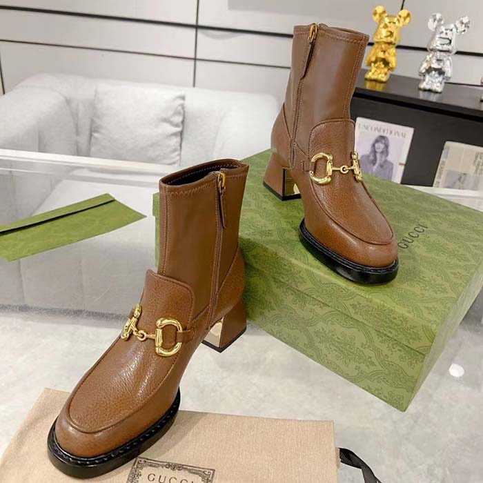 G*u*i women gg boots horsebit brown smooth leather stretch leather mid 5.3 cm heel