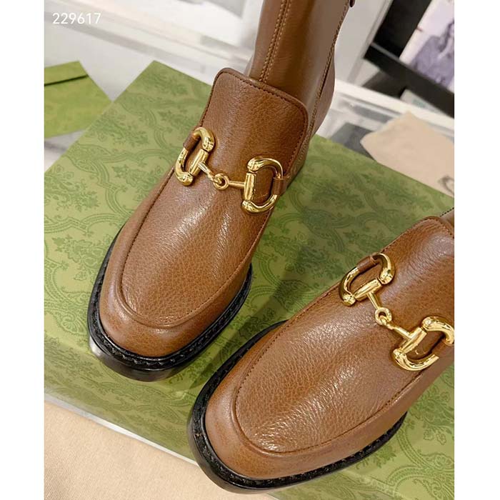 G*u*i women gg boots horsebit brown smooth leather stretch leather mid 5.3 cm heel
