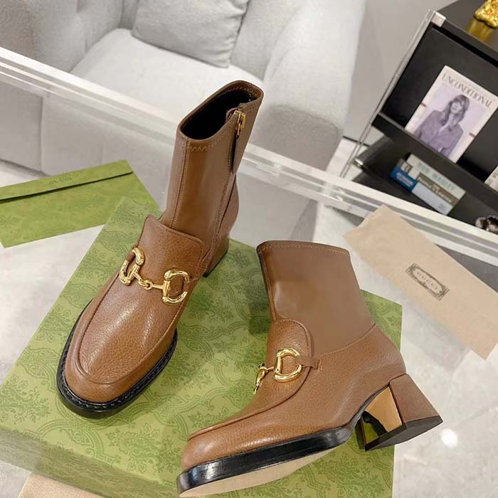 G*u*i women gg boots horsebit brown smooth leather stretch leather mid 5.3 cm heel