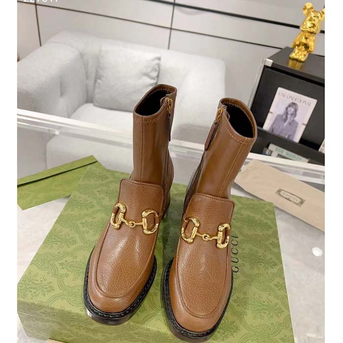G*u*i women gg boots horsebit brown smooth leather stretch leather mid 5.3 cm heel