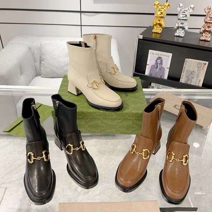 G*u*i women gg boots horsebit brown smooth leather stretch leather mid 5.3 cm heel