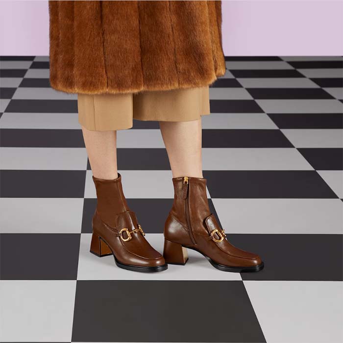 G*u*i women gg boots horsebit brown smooth leather stretch leather mid 5.3 cm heel