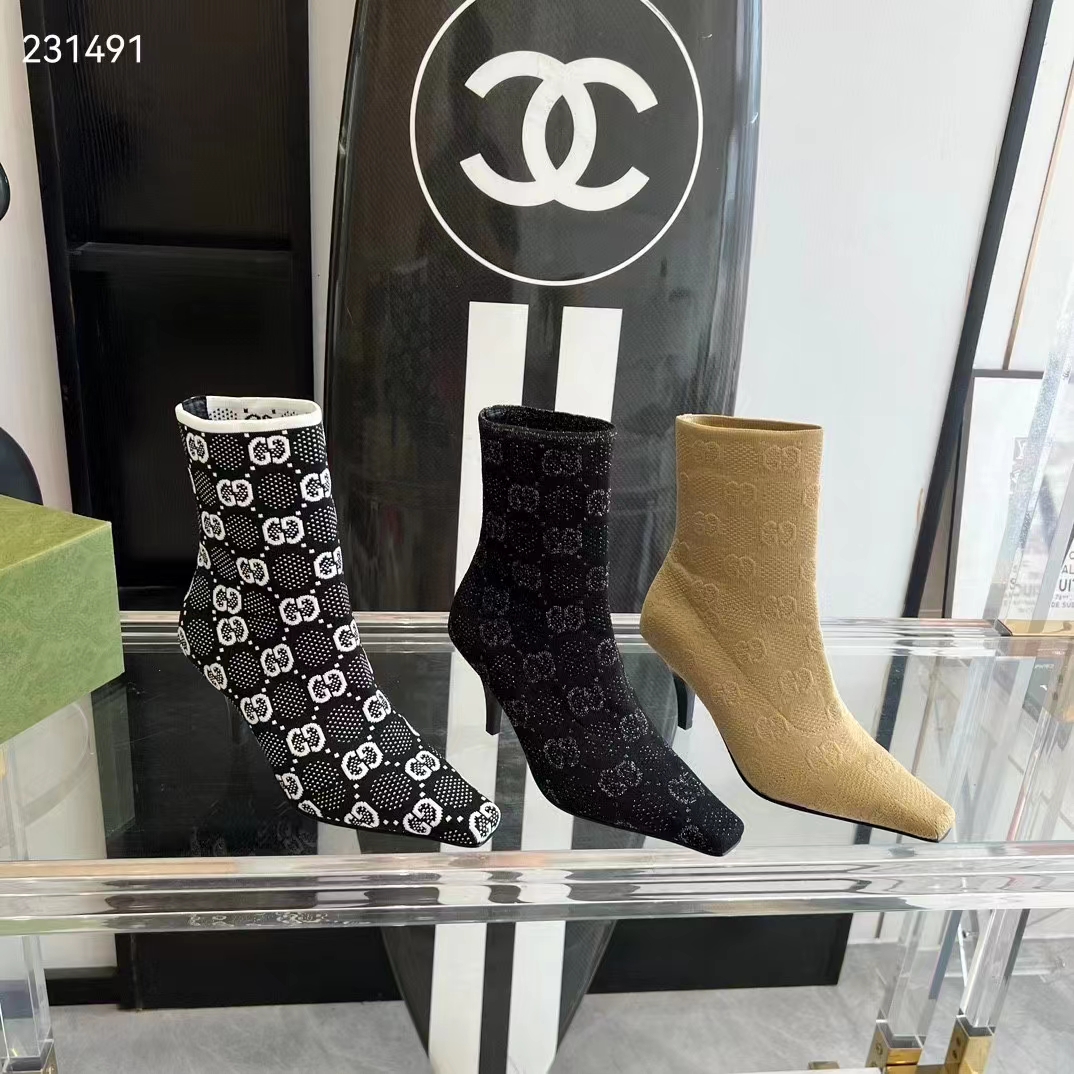 G*u*i women gg knit ankle boots beige gg technical knit fabric square toe leather mid-heel