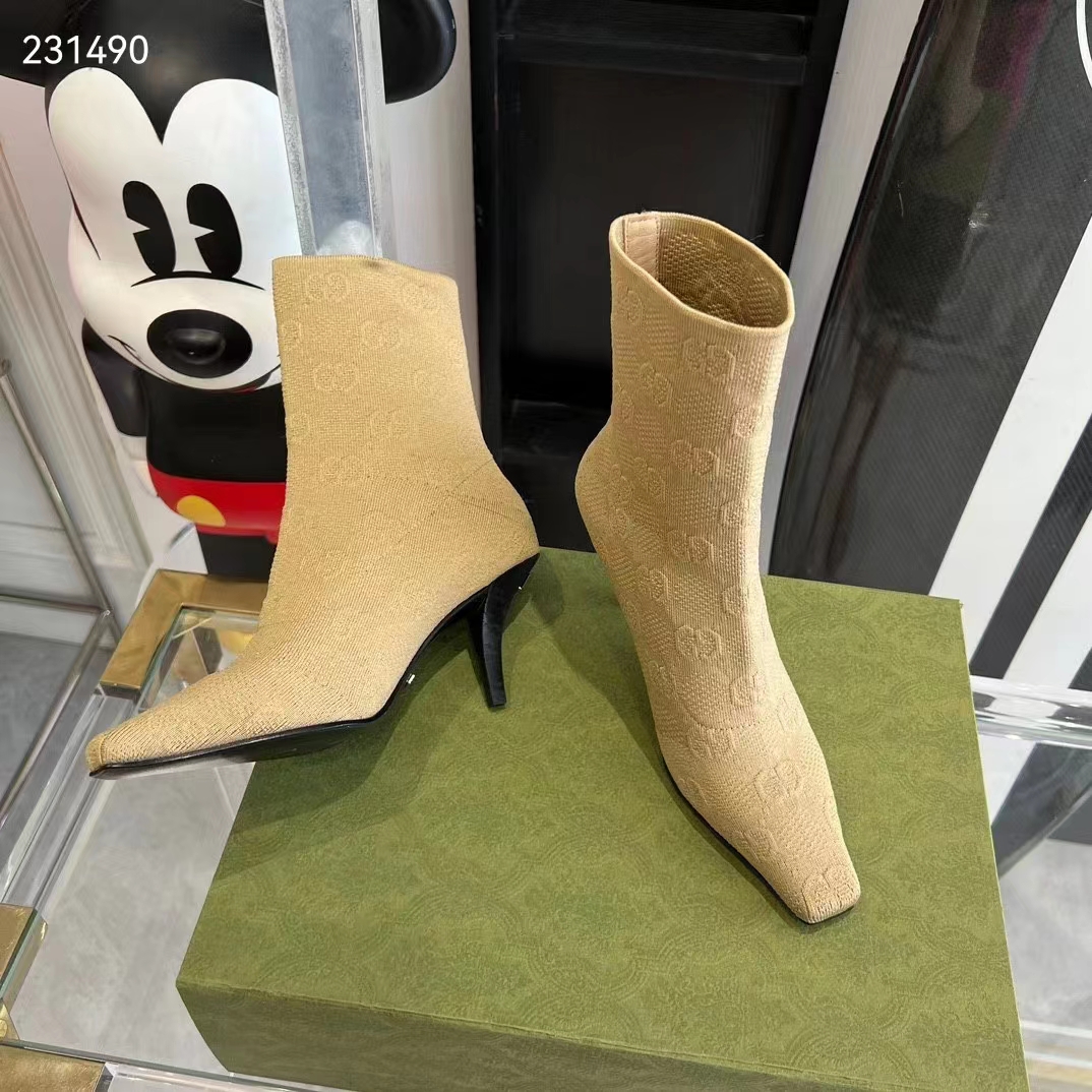 G*u*i women gg knit ankle boots beige gg technical knit fabric square toe leather mid-heel