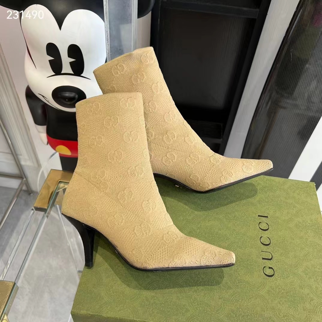 G*u*i women gg knit ankle boots beige gg technical knit fabric square toe leather mid-heel