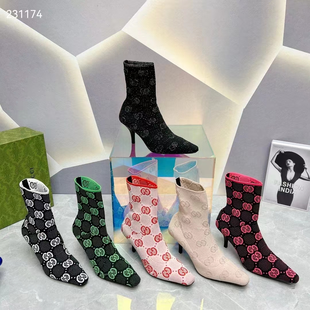 G*u*i women gg knit ankle boots black grey technical knit fabric square toe leather mid-heel