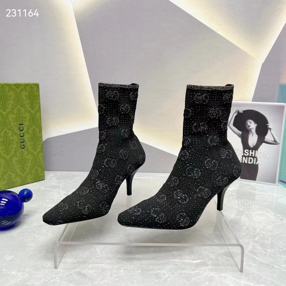 G*u*i women gg knit ankle boots black grey technical knit fabric square toe leather mid-heel