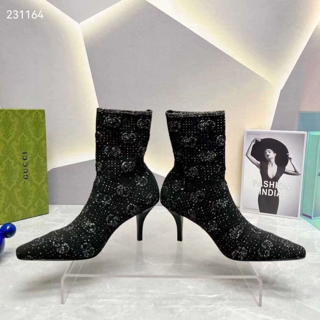 G*u*i women gg knit ankle boots black grey technical knit fabric square toe leather mid-heel