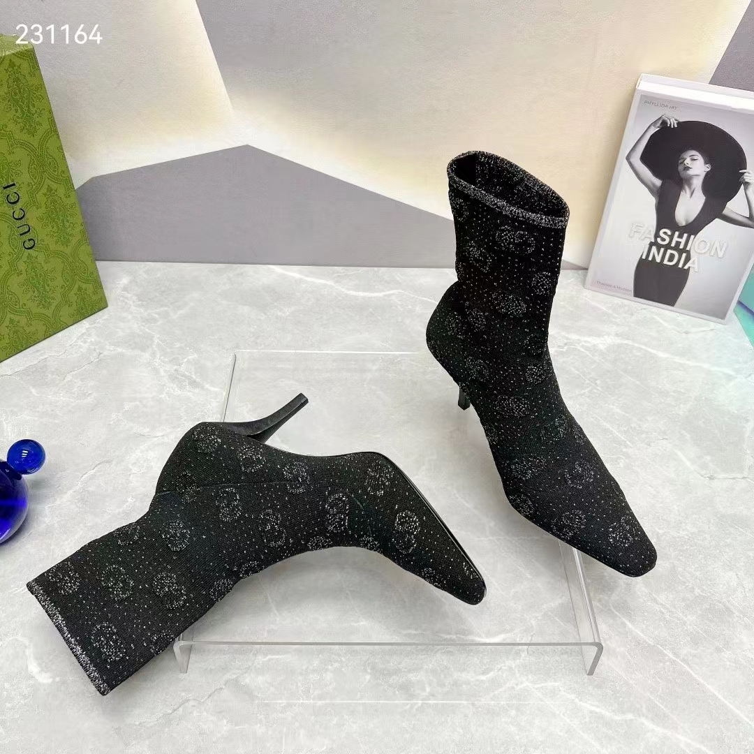 G*u*i women gg knit ankle boots black grey technical knit fabric square toe leather mid-heel