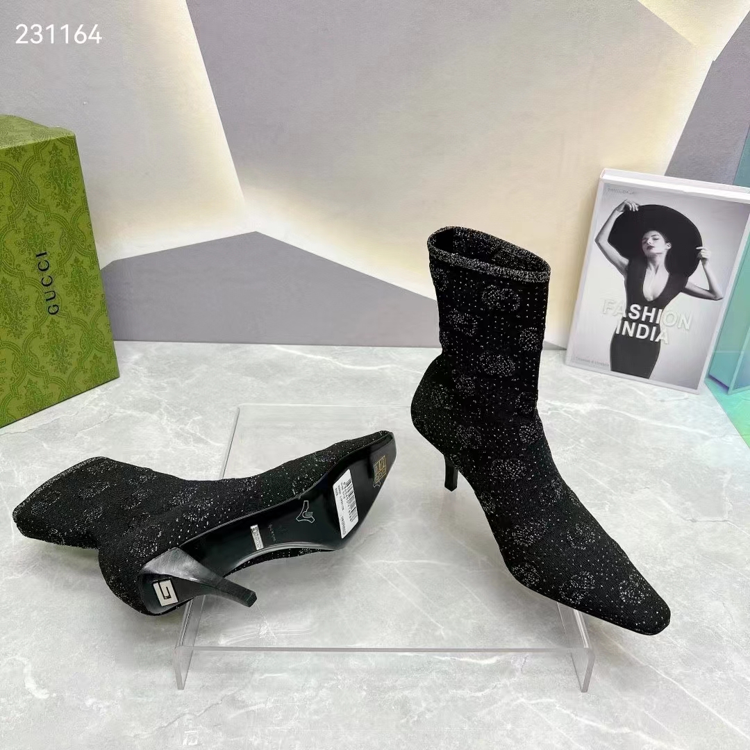 G*u*i women gg knit ankle boots black grey technical knit fabric square toe leather mid-heel