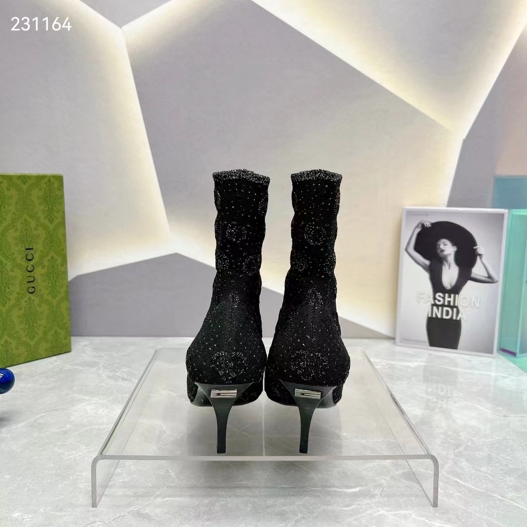 G*u*i women gg knit ankle boots black grey technical knit fabric square toe leather mid-heel