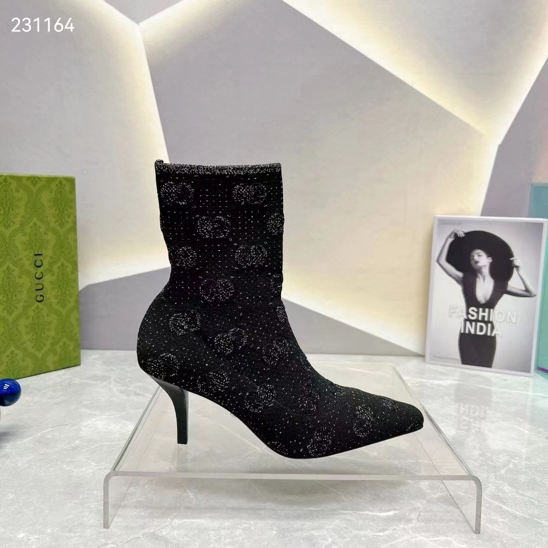 G*u*i women gg knit ankle boots black grey technical knit fabric square toe leather mid-heel