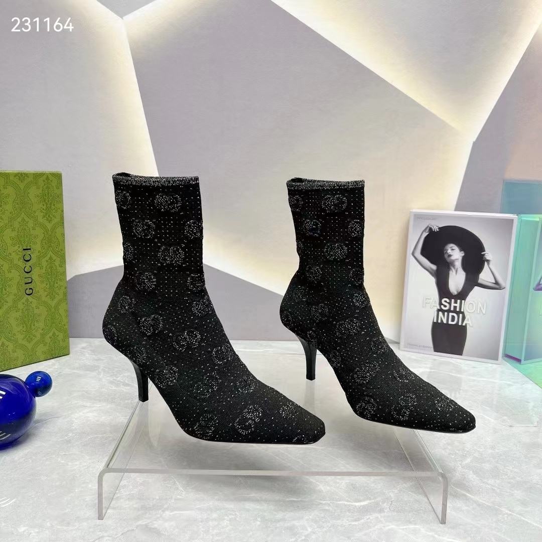 G*u*i women gg knit ankle boots black grey technical knit fabric square toe leather mid-heel