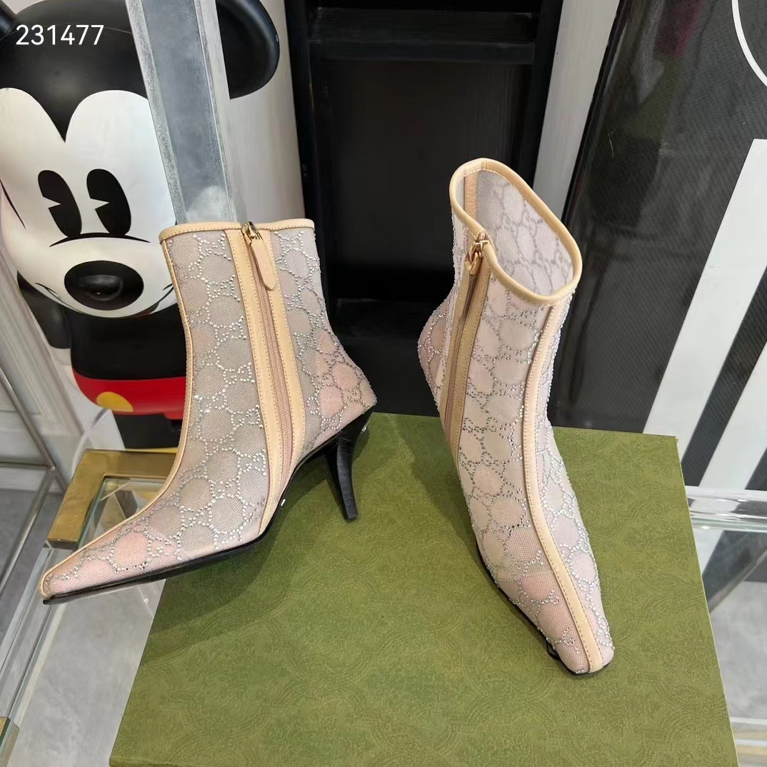 G*u*i women gg mid-heel boot rose beige gg crystal mesh leather sole pointed toe