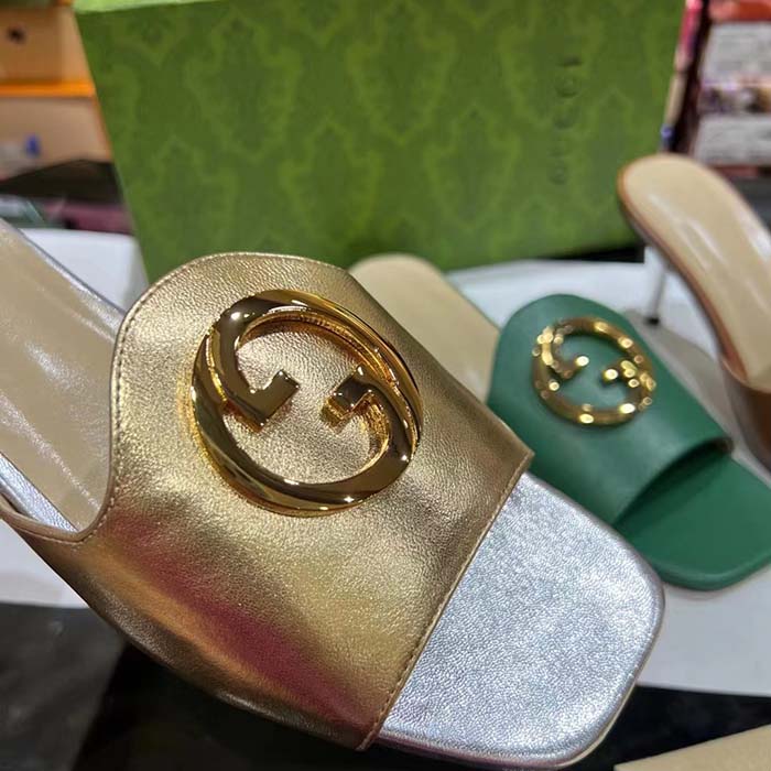 G*u*i women gg nojum blondie slide metallic platinum leather round interlocking g flat