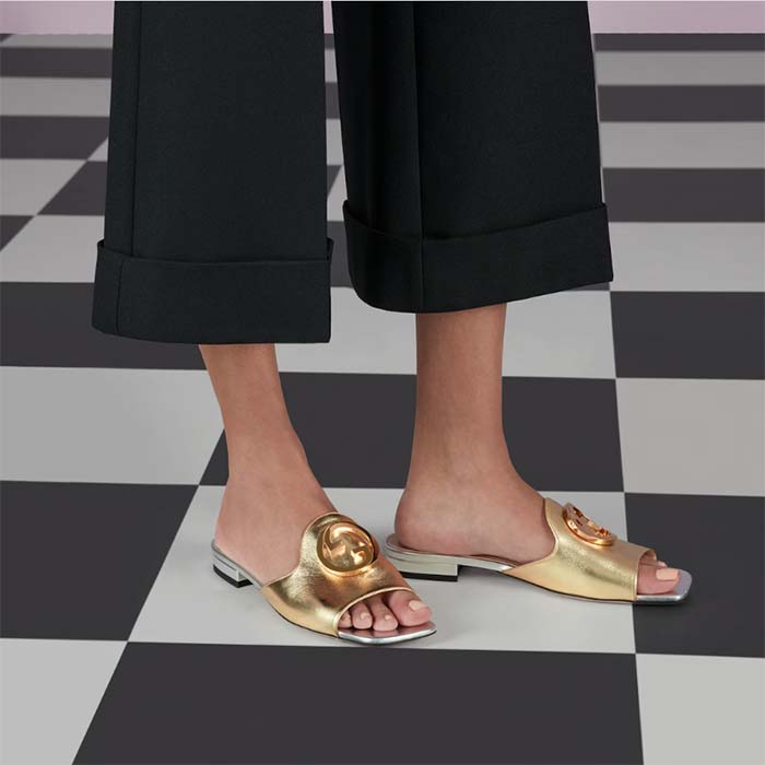 G*u*i women gg nojum blondie slide metallic platinum leather round interlocking g flat
