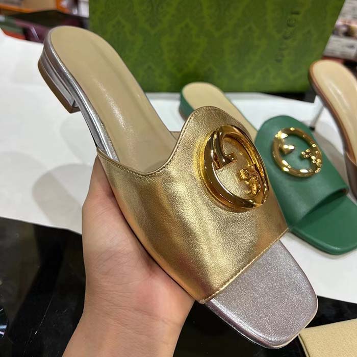 G*u*i women gg nojum blondie slide metallic platinum leather round interlocking g flat
