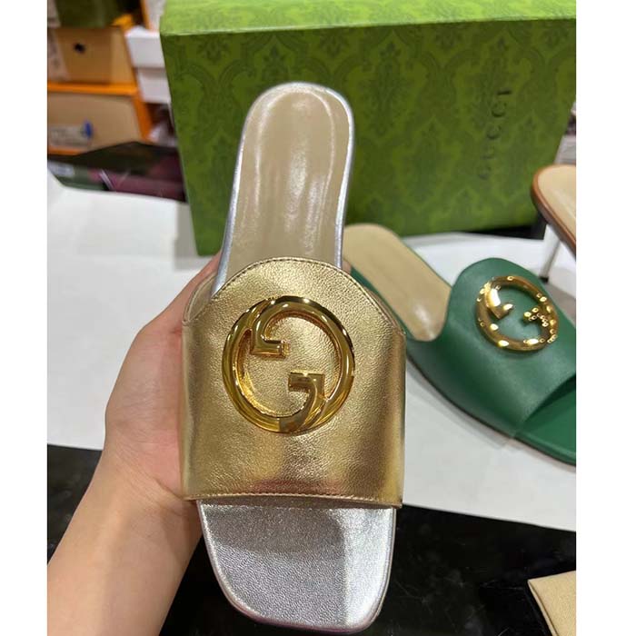 G*u*i women gg nojum blondie slide metallic platinum leather round interlocking g flat