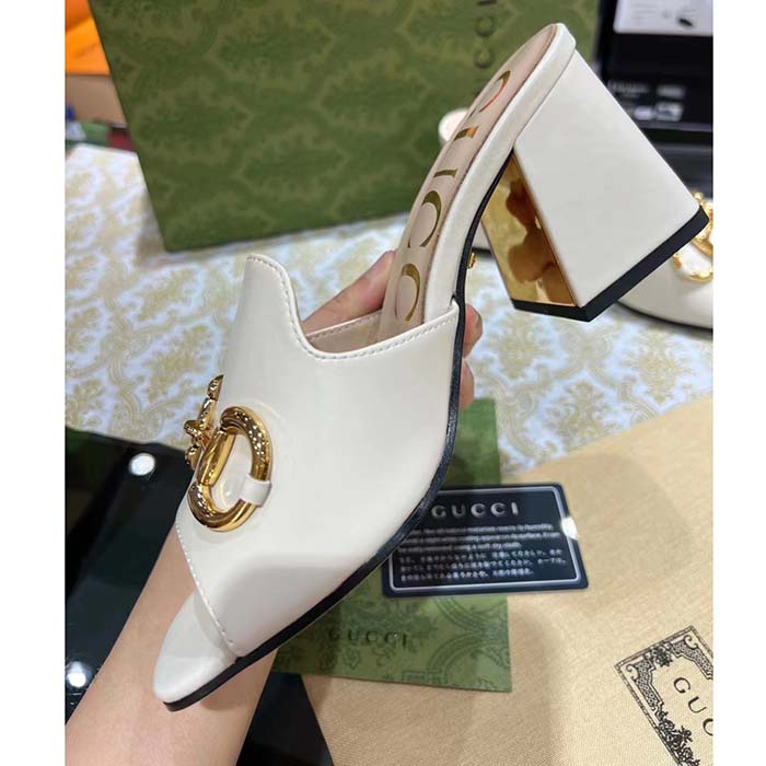 G*u*i women gg slide sandal horsebit white leather metal heel leather sole mid-heel