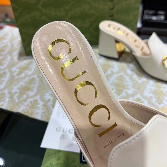G*u*i women gg slide sandal horsebit white leather metal heel leather sole mid-heel