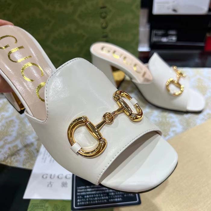 G*u*i women gg slide sandal horsebit white leather metal heel leather sole mid-heel